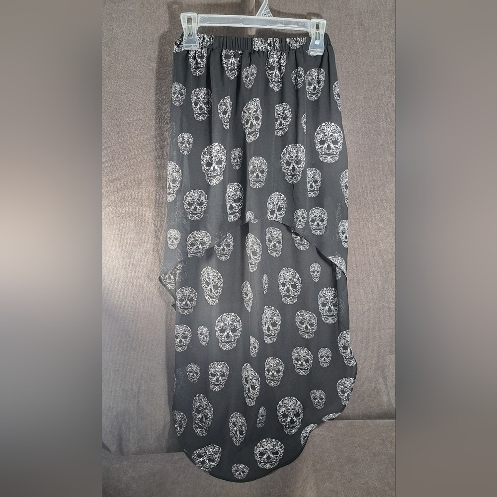 H&M Divided Sheer Black Lined High Low Skulls Print Skirt w/ Elastic Waist VG 2